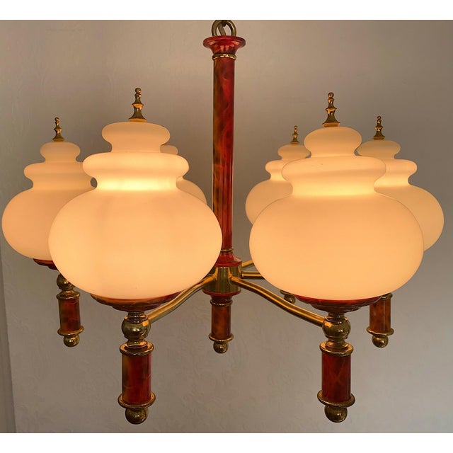 Brass Glass Ball Six Light Chandelier, 1950s For Sale - Image 6 of 10