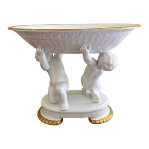 Early 20th Century Neoclassical Porcelain Compote With Cherub Supports and Gilt Detail