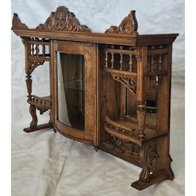 Victorian Antique 1890s Tiger Oak Over Mantel With Bowed Glass Cabinet & Beveled Mirrors For Sale - Image 3 of 17