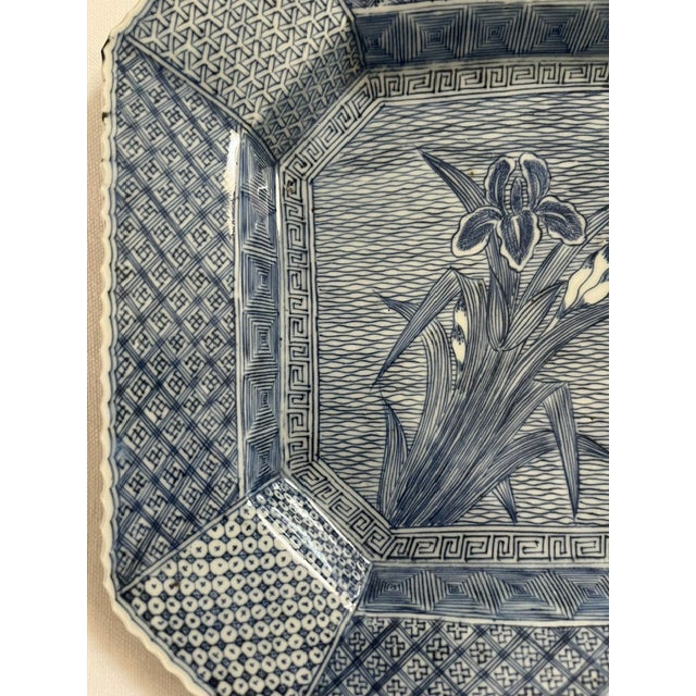 Antique Japanese Blue and White Octagonal Plate With Iris Motif For Sale - Image 14 of 14