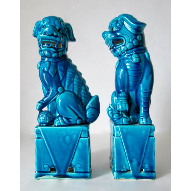 Asian Style Vintage. C.1935-50's (Japan) Ceramic Porcelain Cerulean Blue Glazed Foo Dogs - Pair For Sale - Image 4 of 18
