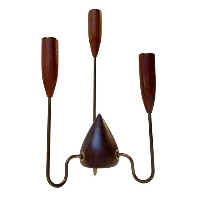 Scandinavian Mid-Century Teak and String Brass Candleholder, 1960s For Sale