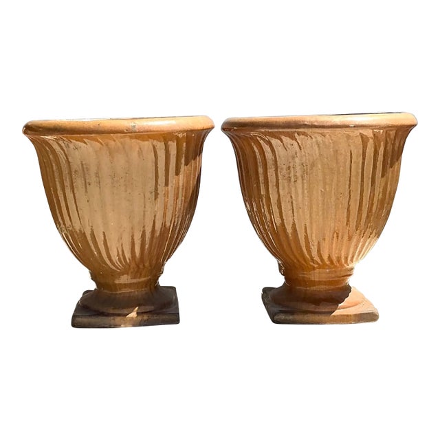 Vintage Glazed Terracotta Planters - A Pair For Sale