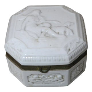 Large Antique Porcelain Figural Dresser Vanity Relief Casket Jewelry Box Jar For Sale