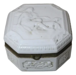 Large Antique Porcelain Figural Dresser Vanity Relief Casket Jewelry Box Jar