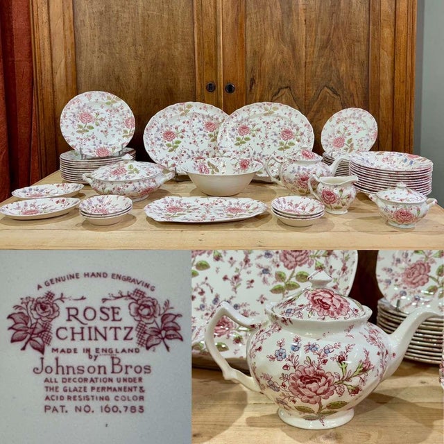 English Porcelain Dinner Service with Rose Chintz Pattern from Johnson Bros., Set of 47 For Sale - Image 3 of 17