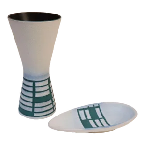 Vintage German Ceramic Diabolo Vase and Dish Set in Teal and White by Steuler