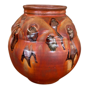 Vintage Studio Pottery Vase With Carved Abstract Glaze Accents in Burnt Umber and Ochre Tones