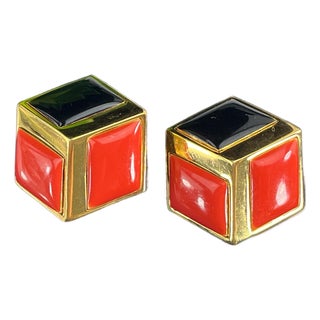 1980s Givenchy Earrings: Vintage Orange & Black Enamel Gold Tone Cubes, A Pair For Sale
