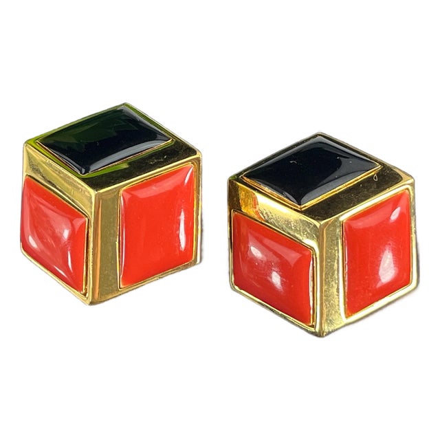 1980s Givenchy Earrings: Vintage Orange & Black Enamel Gold Tone Cubes, A Pair For Sale
