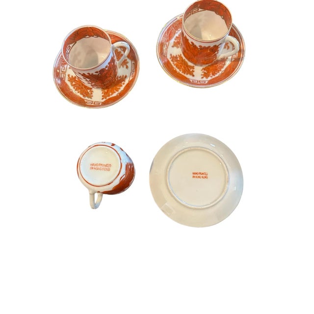 Vintage Japanese Tea Set With Decorative Bowl in Orange and Gold-Gilded Floral Pattern- 13 Pieces For Sale - Image 11 of 12