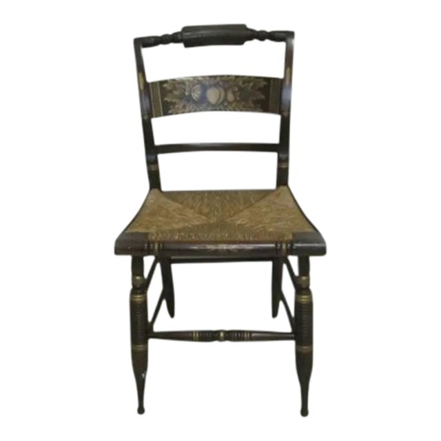 Early 1900s Antique Hitchcock Style Black Gold Stenciled Farmhouse Rush Seat Side Chair For Sale