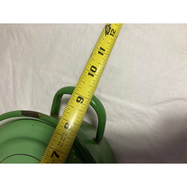 Vintage Enamel Ware Pot With Lid in Green With Narrow Gold Stripe Handle to Two Sides For Sale - Image 12 of 12