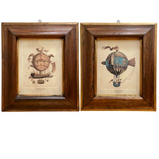 Late 20th Century Italian Florentine Framed Hot Air Balloon Giclee Prints on Board - a Pair For Sale