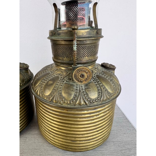 Victorian Antique Brass and Glass Chimney Oil Lamps - 2 For Sale - Image 3 of 9