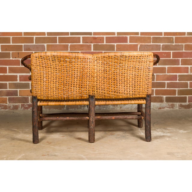 Brown Vintage Old Hickory Hoop Settee with Woven Rattan Back and Seat For Sale - Image 8 of 12