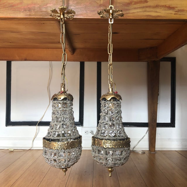 Metal Vintage Crystal and Brass Pendant Chandeliers For Sale - Image 7 of 7