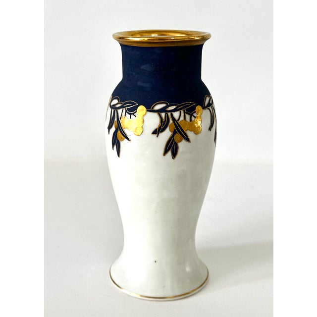 Ceramic Early 20th Century Blue White and Gold Gilt German Porcelain Art Nouveau Vase Signed Ruth De Courcy For Sale - Image 7 of 12