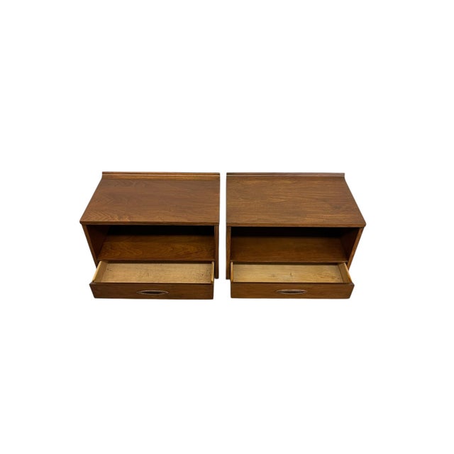 1970s Mid-Century Modern Pair of Walnut-Toned End Tables With Open Shelf and Dovetail Drawer For Sale - Image 4 of 9