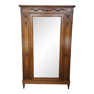 Antique 19th Century French Louis XVI Walnut Carved Armoire Wardrobe Linen Press For Sale