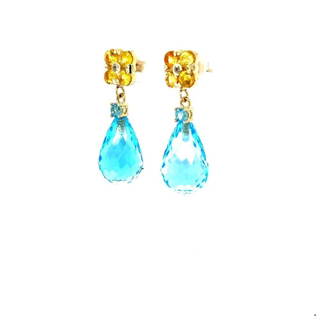 26.73 Carat Blue Topaz Yellow Sapphire Yellow Gold Drop Earrings - 2 Pieces For Sale - Image 4 of 7