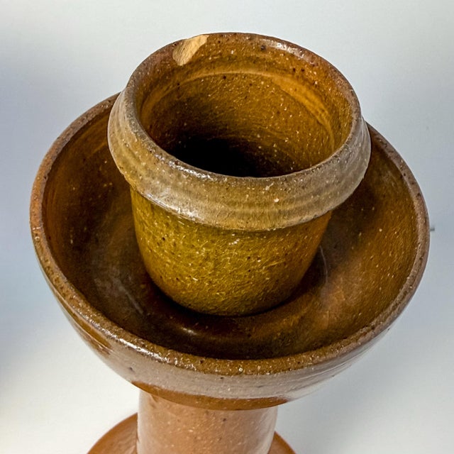 1960s Ben Owen Sr Master Potter Candlesticks Pair Nc Pottery Tobacco Spit Glaze For Sale - Image 5 of 12