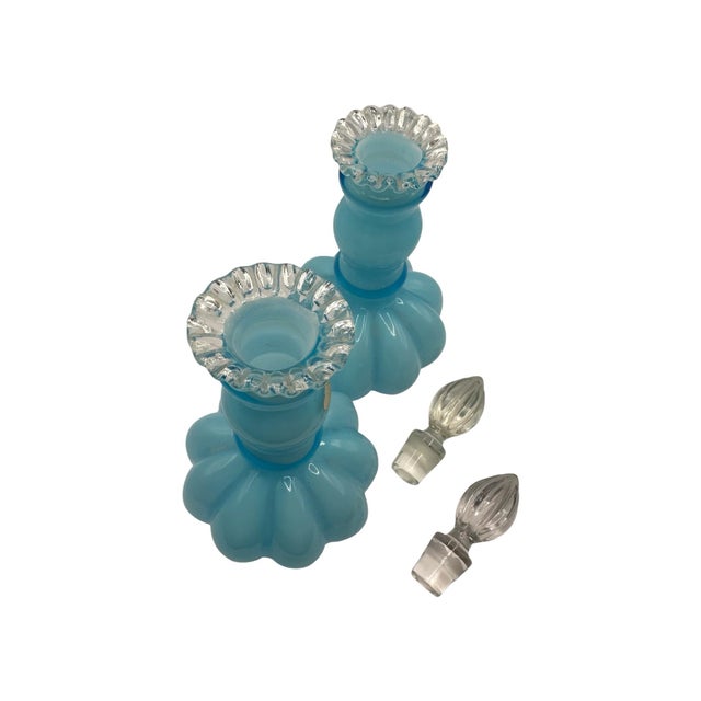 Glass Vintage Blue Opalescent Glass Perfume Bottles With Melon-Ribbed Design by Fenton Art Glass Company - A Pair For Sale - Image 7 of 12