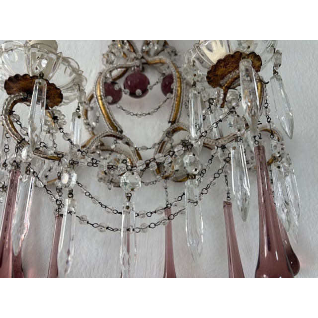 Italian Amethyst Murano Drops & Balls Beaded Sconces Hand Tied Swag Crystals For Sale - Image 9 of 12