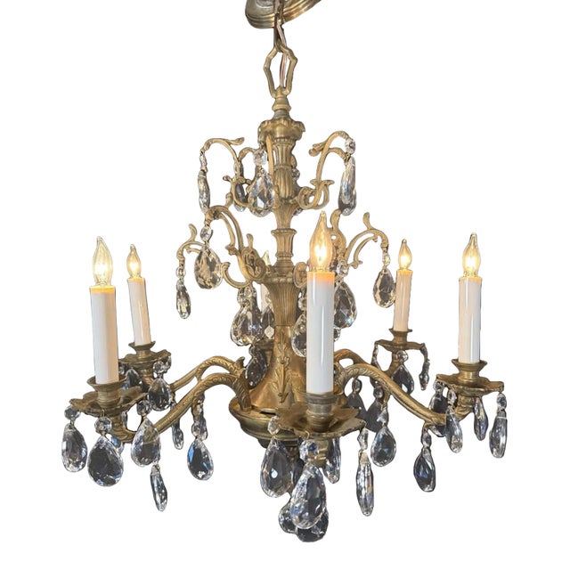 Antique French Brass & Crystal Chandelier For Sale
