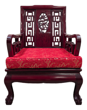 Vintage Chinese Rosewood Armchair With Hand-Carved Dragon Medallion and Red Silk Cushion