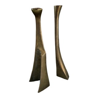 Pair of Solid Bronze Vintage Candlesticks For Sale