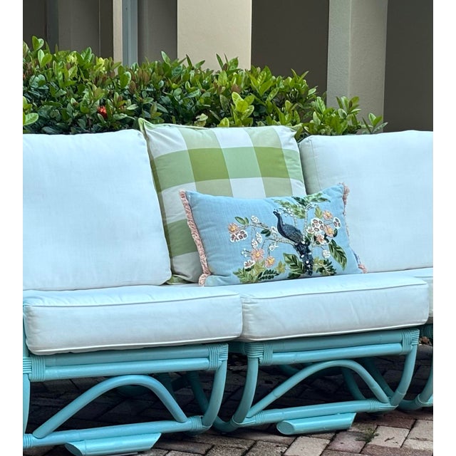 Mid-Century Bamboo Pretzel Sofa in Robin Egg Blue With New Restoration Hardware Outdoor Cushions for a Modern Appeal and Comfort. 3 Sections For Sale - Image 10 of 10