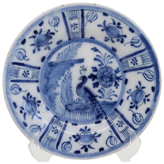 Ceramic Dutch Delft Kraak Style Tin-glazed Earthenware Blue and White Peacock Plate For Sale - Image 7 of 7