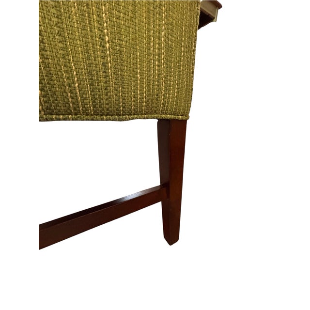 English 1970s Vintage Green Upholstered Window Bench With Rolled Arms & Wood Legs For Sale - Image 3 of 4