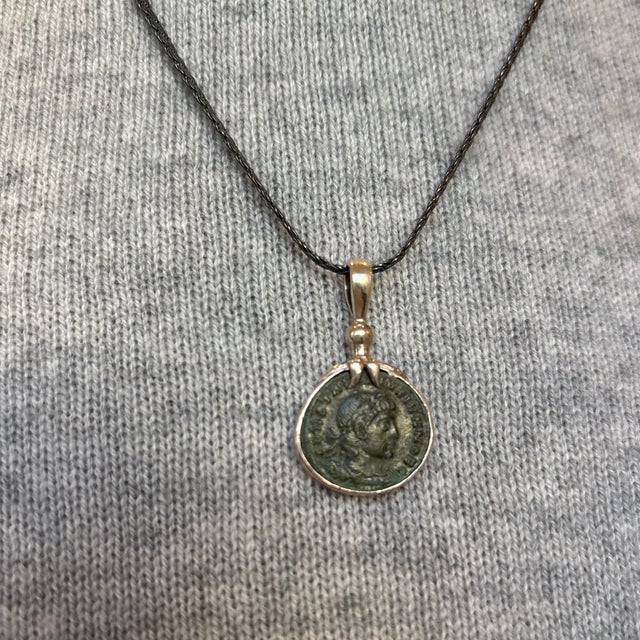 Metal Antique Roman Coin Pendant W Delicate Silver Leaves at Bale For Sale - Image 7 of 10