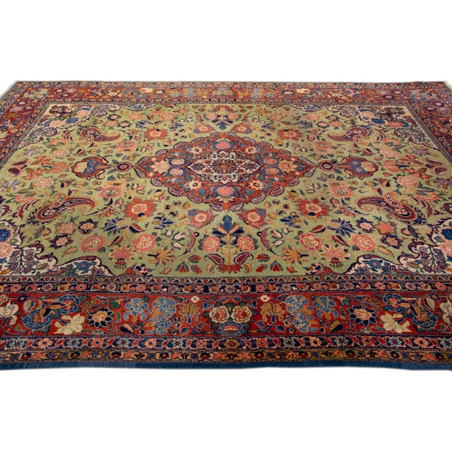 1920s 1920s Antique Persian Kashan Handmade Allover Floral Green Wool Rug For Sale - Image 5 of 7