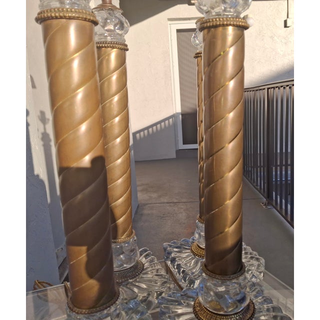 1920's Tall French Baccarat Columnar Crystal & Brass Swirl Table Lamps Set of 4 For Sale - Image 11 of 12