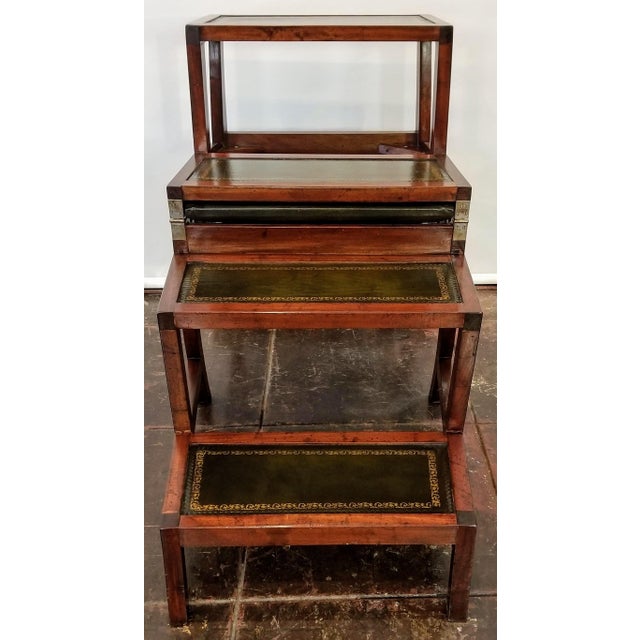 English Regency Style Metamorphic Library Chair Steps Mahogany Embossed Green Leather Chairish