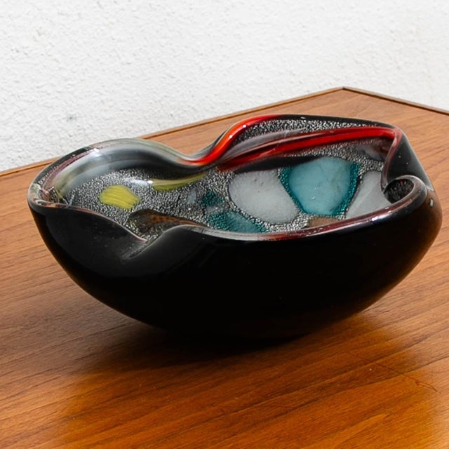 Black Mid Century Modern Smoking Ashtray Art Glass Multicolored Glaze Vintage Catch All For Sale - Image 8 of 12