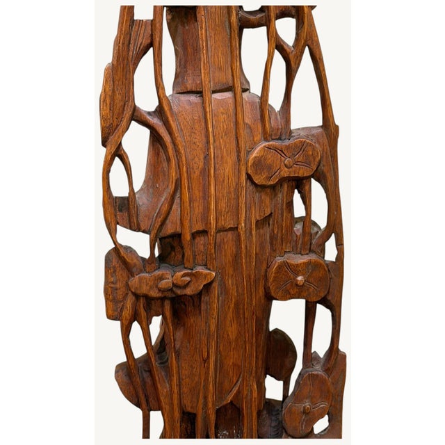 Vintage Chinese Carved Wood Guanyin Kuan Yin Lotus Birds Sculpture 23.75" For Sale - Image 11 of 15