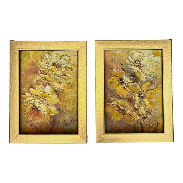 Petite Framed Floral Paintings, a Pair For Sale