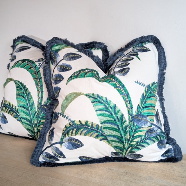 Stroheim Irene Oceanside Embroidered Pillows With Brush Fringe- Pair For Sale - Image 4 of 7