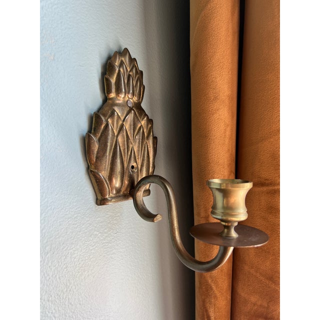 Late 20th Century Vintage Brass Pineapple Candle Wall Sconces - a Pair For Sale - Image 5 of 12