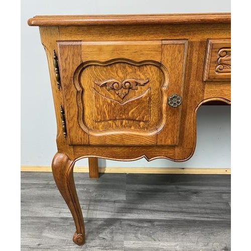 Vintage French Louis XVI Style Carved Oak Desk For Sale - Image 5 of 13