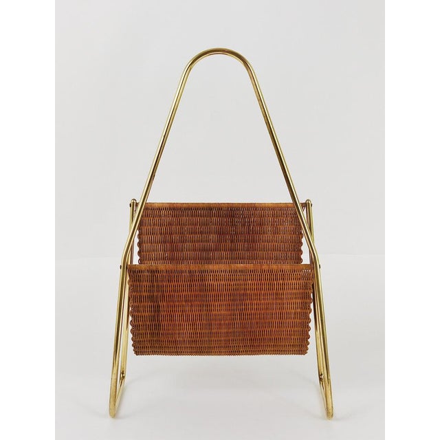 Wood Mid-Century Magazine Rack in Brass and Woven Cane in the style of Carl Auböck, Austria, 1950s For Sale - Image 7 of 18