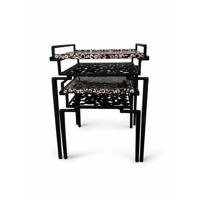 2010s Rare R & Y Augousti Paris Modern Art Deco “Cecilia” Nesting Tables With Hand Inlaid Shell Mosaic Tray Top For Sale - Image 5 of 7