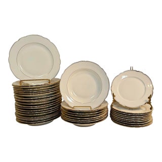 Late 20th Century French Country White Bavarian Porcelain Dinnerware Set, Scalloped Gold Trim, 40 Pieces For Sale