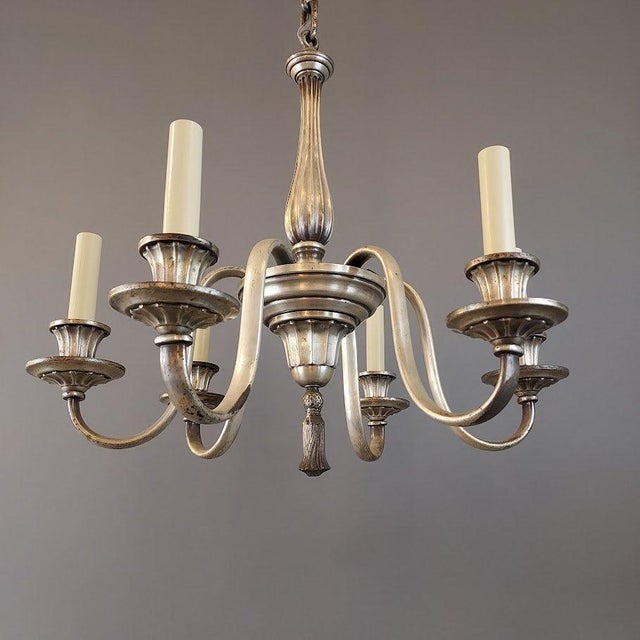 Art Deco Five Piece Antique Dining Room Lighting Set of Six Arm Silver Chandelier and Four Matching Two-Arm Wall Lights For Sale - Image 3 of 10