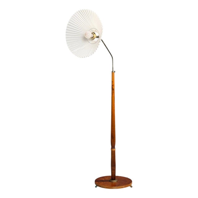 Swedish Art Deco, Floor Lamp, Burl, Brass, Sweden, 1940s For Sale