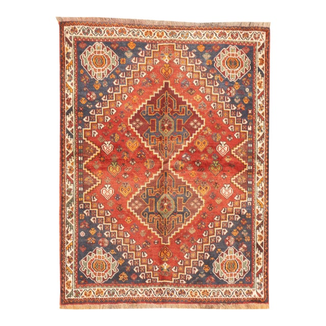 Vintage Hand-Knotted Persian Qashqai Rug 4'0" X 5'4" For Sale